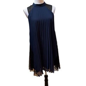 BCBGMAXAZRIA Navy Pleated Mock‎ Neck Sleeveless Lace Trim Dress Size S